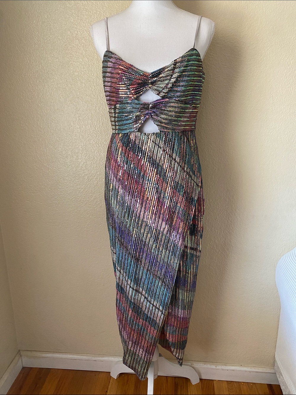 Saylor Lissandra Vibrant Rainbow Sequin Cutout Cocktail Midi Dress